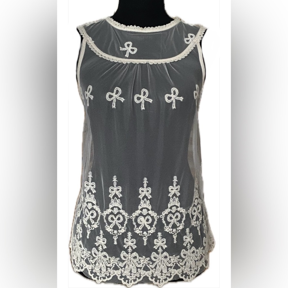 Monteau Cream White Sheer Bow Lace Tank Top Ballet Vintage